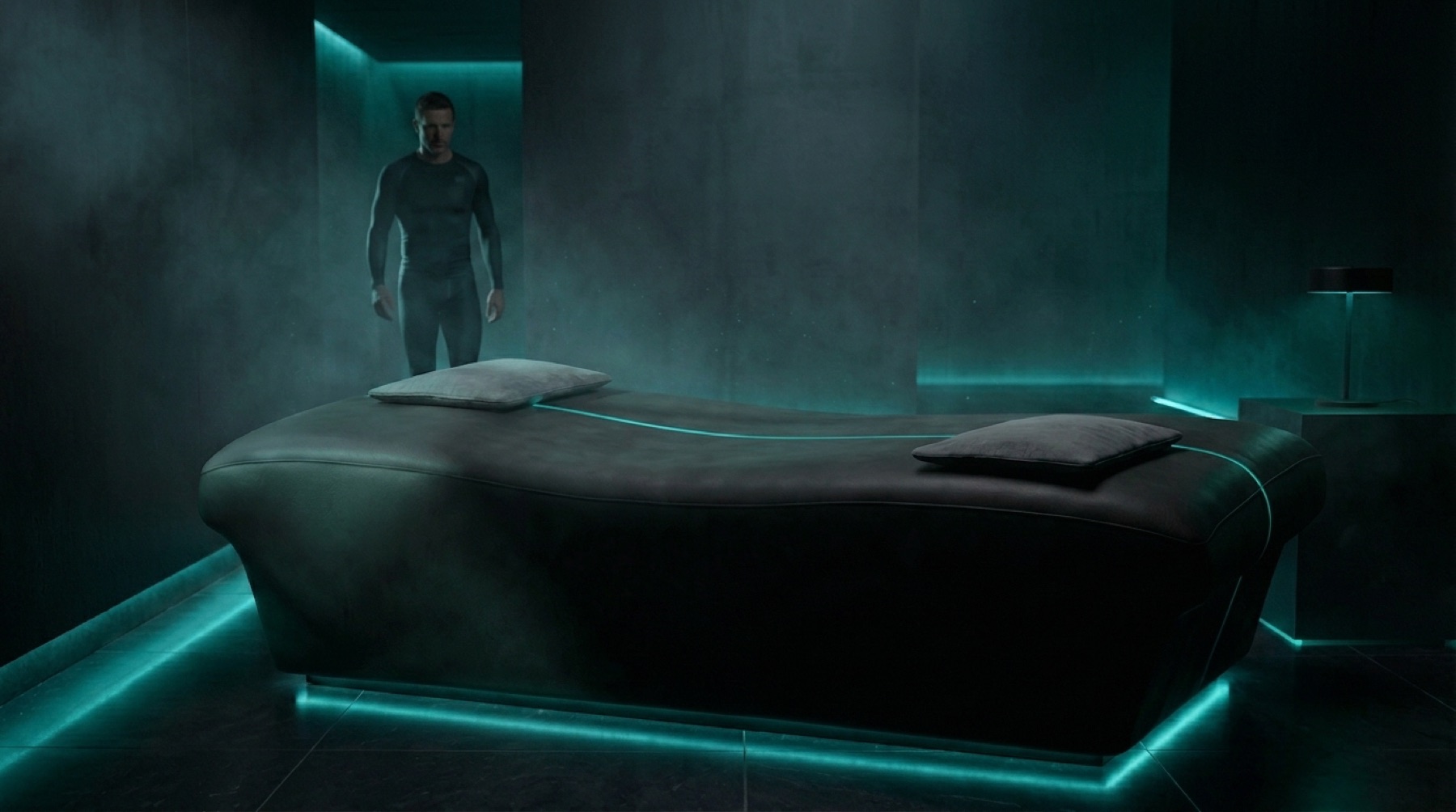 Zencora Ultimate in a teal-lit treatment room with a guest arriving